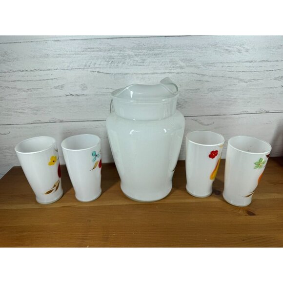 Vintage MCM Bartlett Collins Gay Fad White Frosted Fruit Pitcher & 4 Glasses - Picture 4 of 9